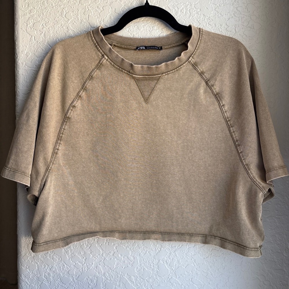 Zara Women S Sweatshirt Top Olive Cropped Boxy Tan Cotton Raglan Short Sleeve